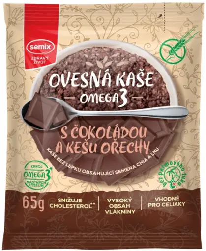 Ovsená kaša Omega3 s čokoládou a kešu orechmi bez lepku 65g Semix