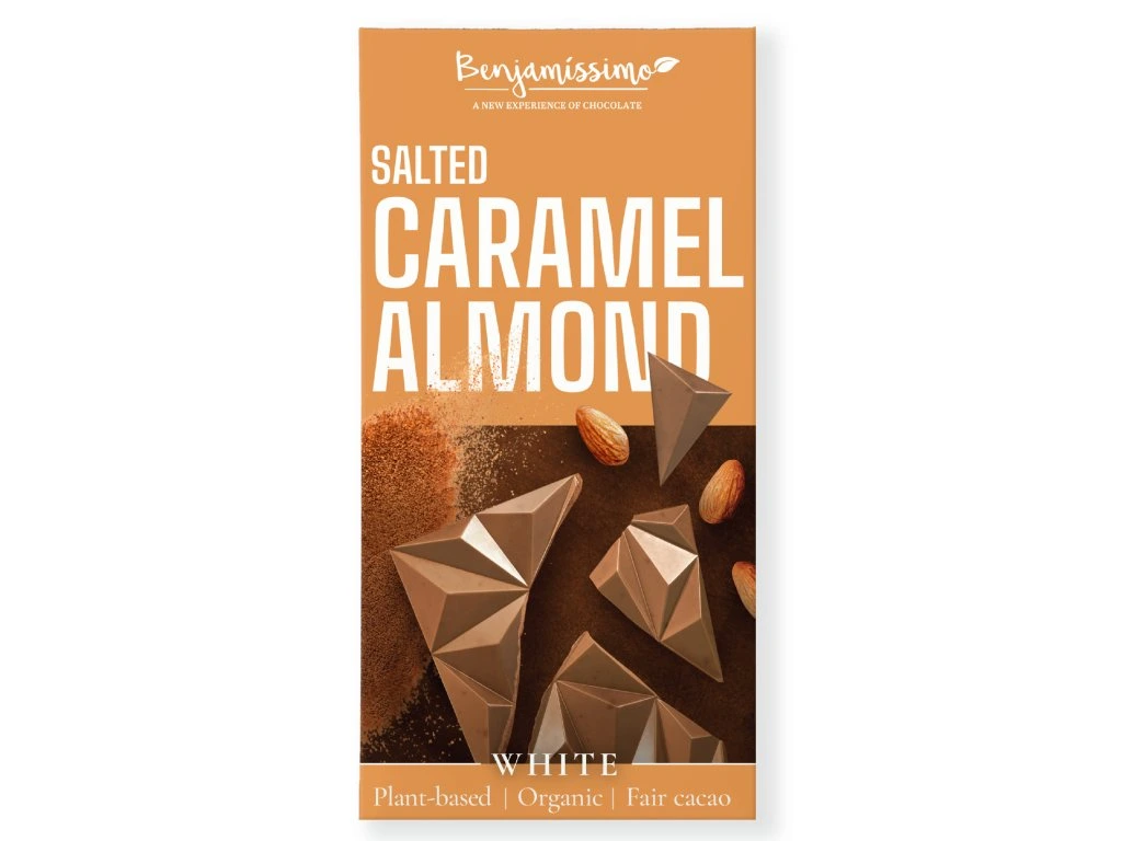 BIO biela čokoláda Slaný karamel & mandle, 60g Benjamissimo