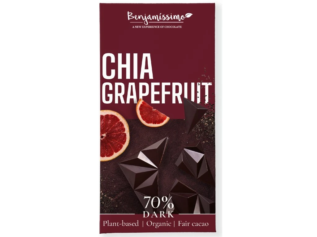 Čokoláda Bio tmavá 70% s chia a grapom 60g Benjamissimo