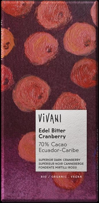 Prvotriedna 70% horká čokoláda s brusnicami BIO 80g Vivani
